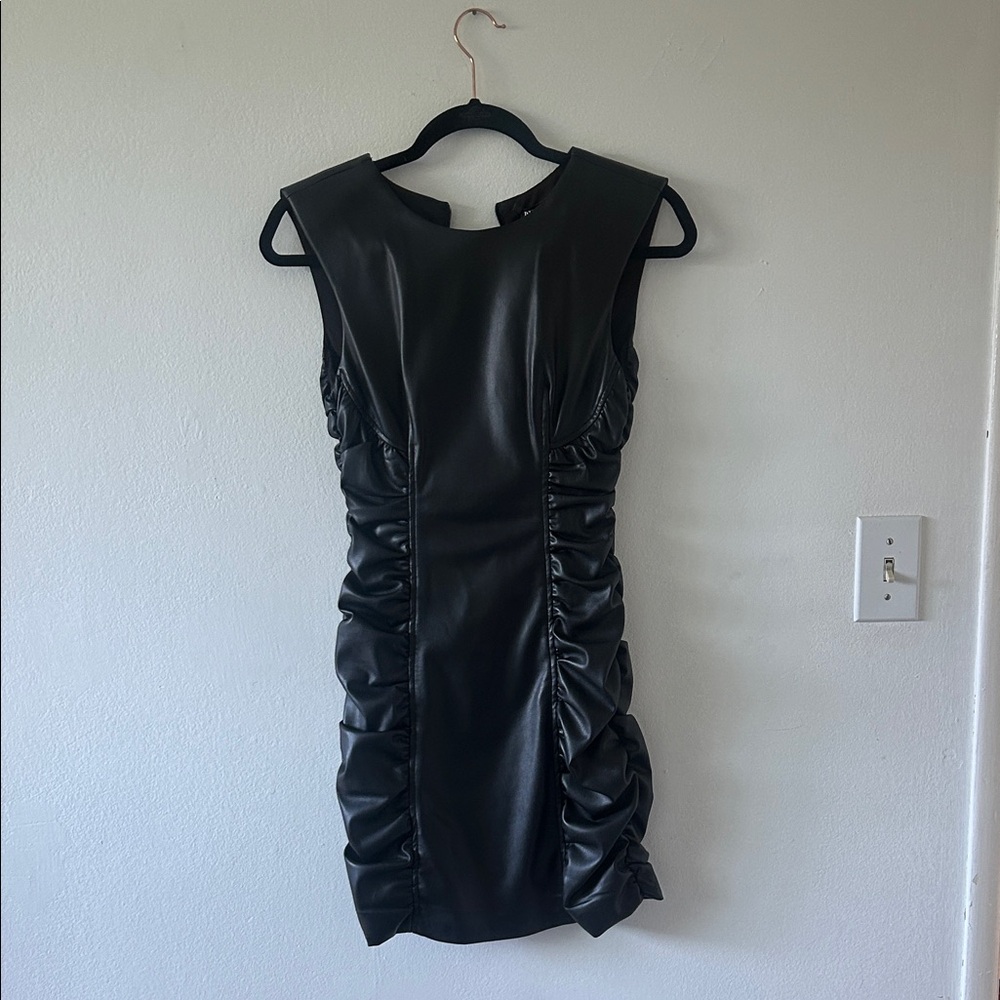 Zara Leather Black Ruched Mini Dress